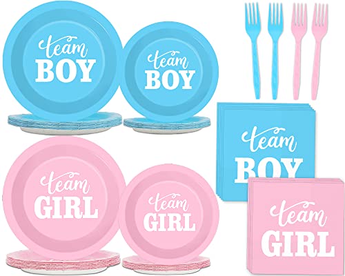96 PCS Gender Reveal Party Supplies Gender Reveal Plates and Napkins Baby Shower Party Tableware Boy or Girl Disposable Paper Plates Napkins for Party Decorations Supplies Favors for 24 Guests