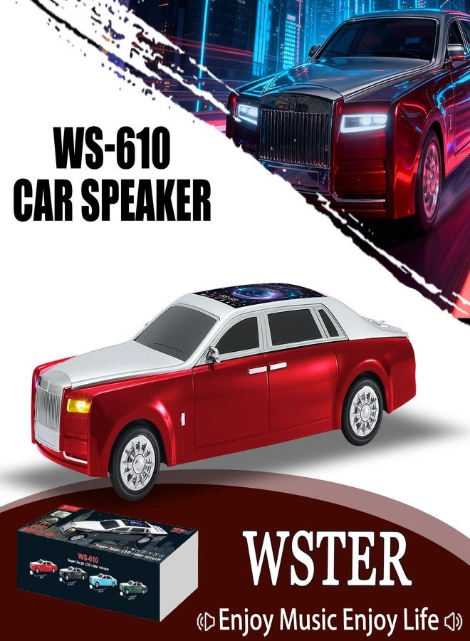 WSTER WS-610 Luxury Sedan Replica Bluetooth Speaker - LED Starry Sky Screen Display, HD Sound, TWS Stereo,FM Radio, USB/TF Playback, Built-in Microphone, Portable Wireless Gift for Car Enthusiasts (Red) - Image 2