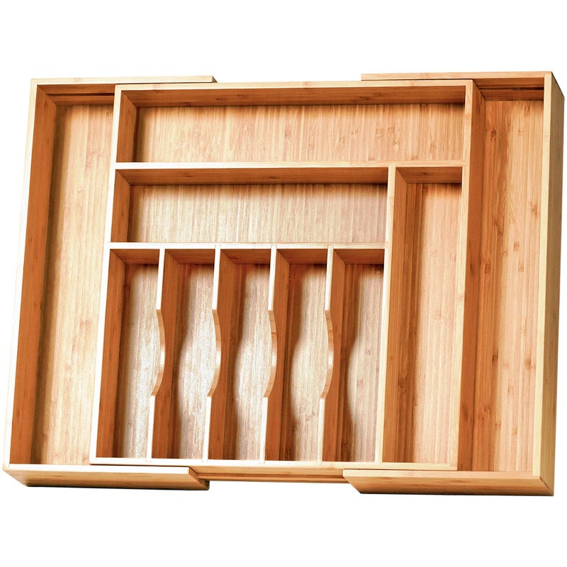 Umilife Extra Large Expandable Kitchen Siverware Utensils Drawer Organizer, 19" Deep for Big Drawer, Adjustable Bamboo Wood Drawer Divider with Curved Grooves, Cutlery Tray Flatware Holder - Image 1