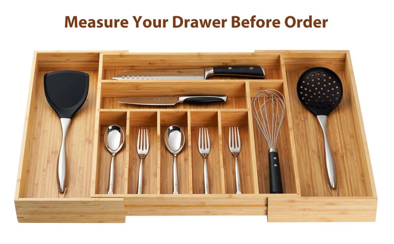 Umilife Extra Large Expandable Kitchen Siverware Utensils Drawer Organizer, 19" Deep for Big Drawer, Adjustable Bamboo Wood Drawer Divider with Curved Grooves, Cutlery Tray Flatware Holder - Image 5