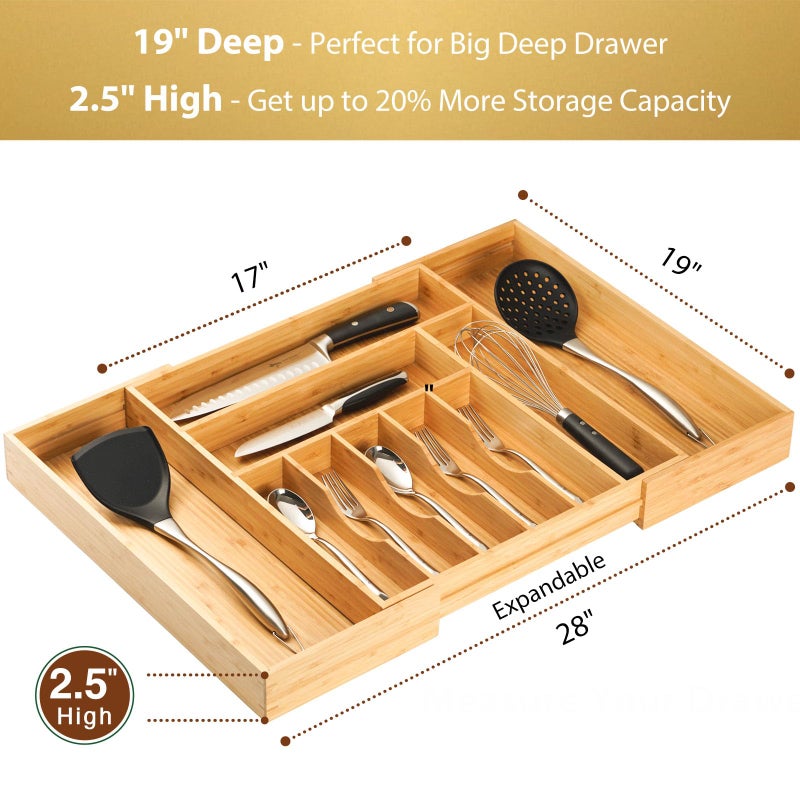 Umilife Extra Large Expandable Kitchen Siverware Utensils Drawer Organizer, 19" Deep for Big Drawer, Adjustable Bamboo Wood Drawer Divider with Curved Grooves, Cutlery Tray Flatware Holder - Image 2
