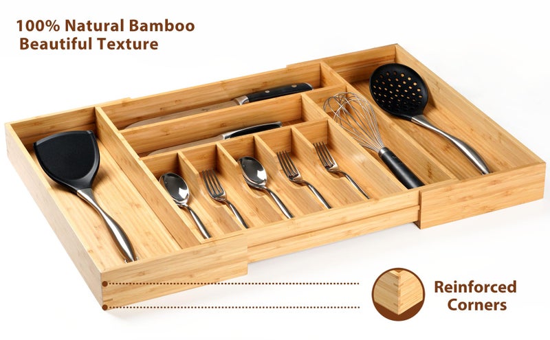 Umilife Extra Large Expandable Kitchen Siverware Utensils Drawer Organizer, 19" Deep for Big Drawer, Adjustable Bamboo Wood Drawer Divider with Curved Grooves, Cutlery Tray Flatware Holder - Image 3
