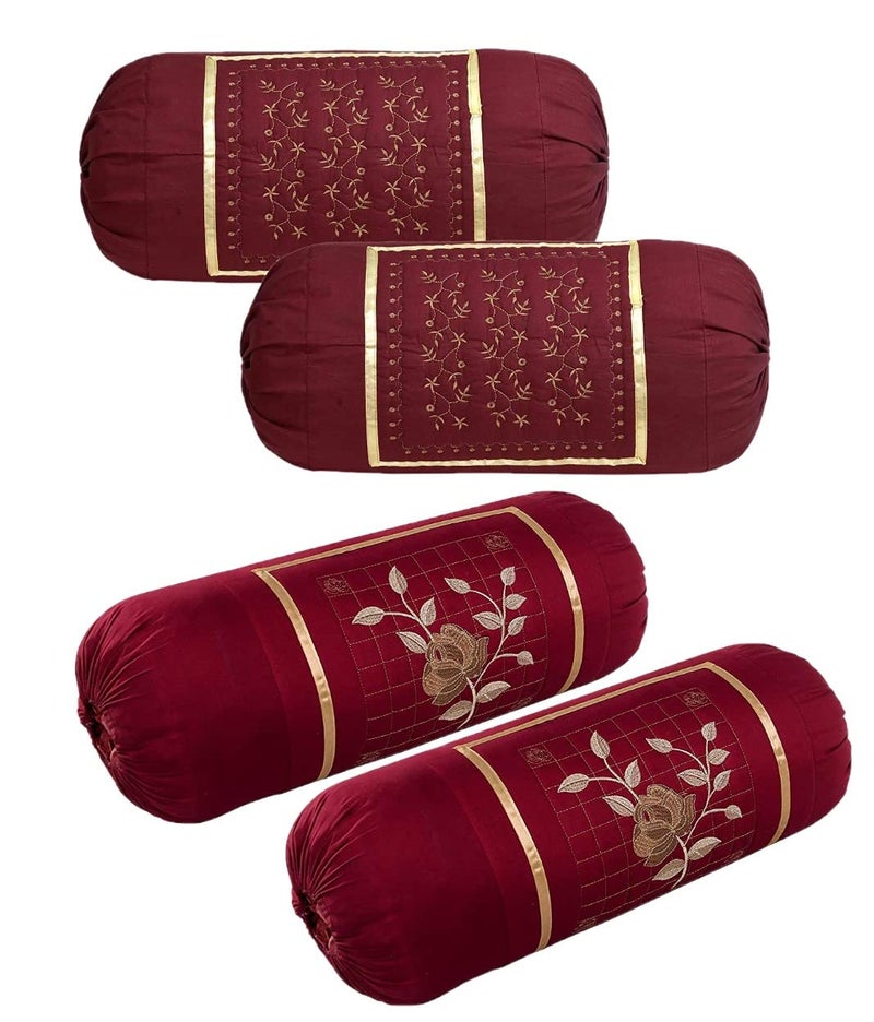 Shri Krishana Fabrics Emboidered Bolster Covers Gulab=Jari Size(16 * 32) inches Set of 4 Pcs (Maroon)
