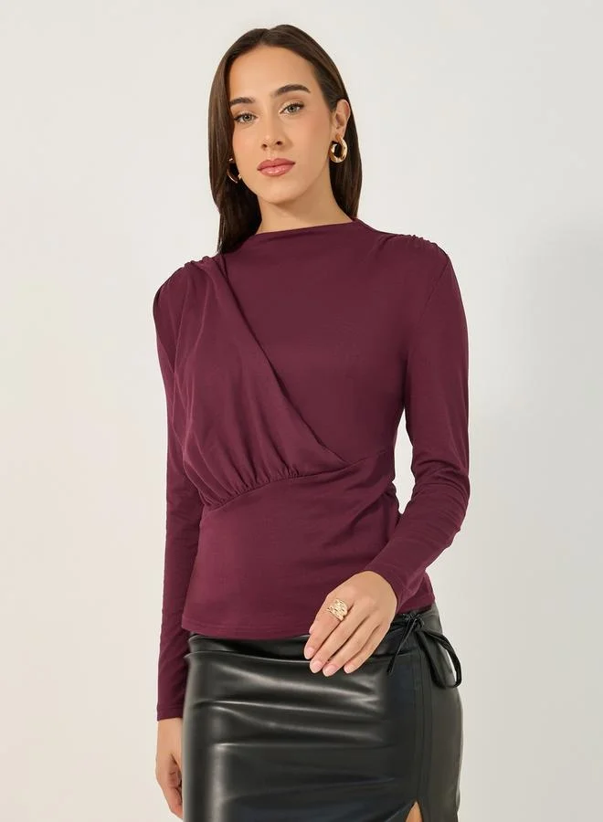 Styli Solid Boat Neck Pleated Knit Top
