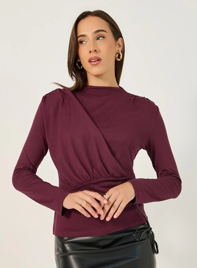 Styli Solid Boat Neck Pleated Knit Top
