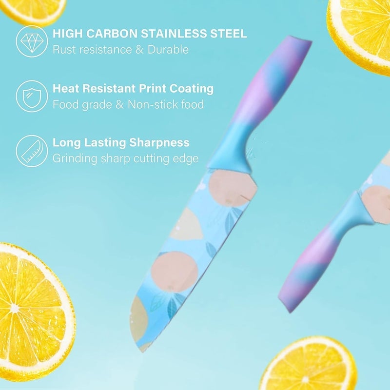 Eletree Eletree Knife Santoku Stainless Steel Professional Chopping KnifeAsian Kitchen Knife Ultra Sharp Chef Knife with Plastic Sheath Food Grade NonStick Coating ColorPrinted KnifeBlue Handle  - Image 3