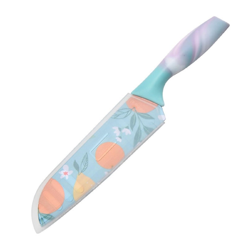 Eletree Eletree Knife Santoku Stainless Steel Professional Chopping KnifeAsian Kitchen Knife Ultra Sharp Chef Knife with Plastic Sheath Food Grade NonStick Coating ColorPrinted KnifeBlue Handle  - Image 1