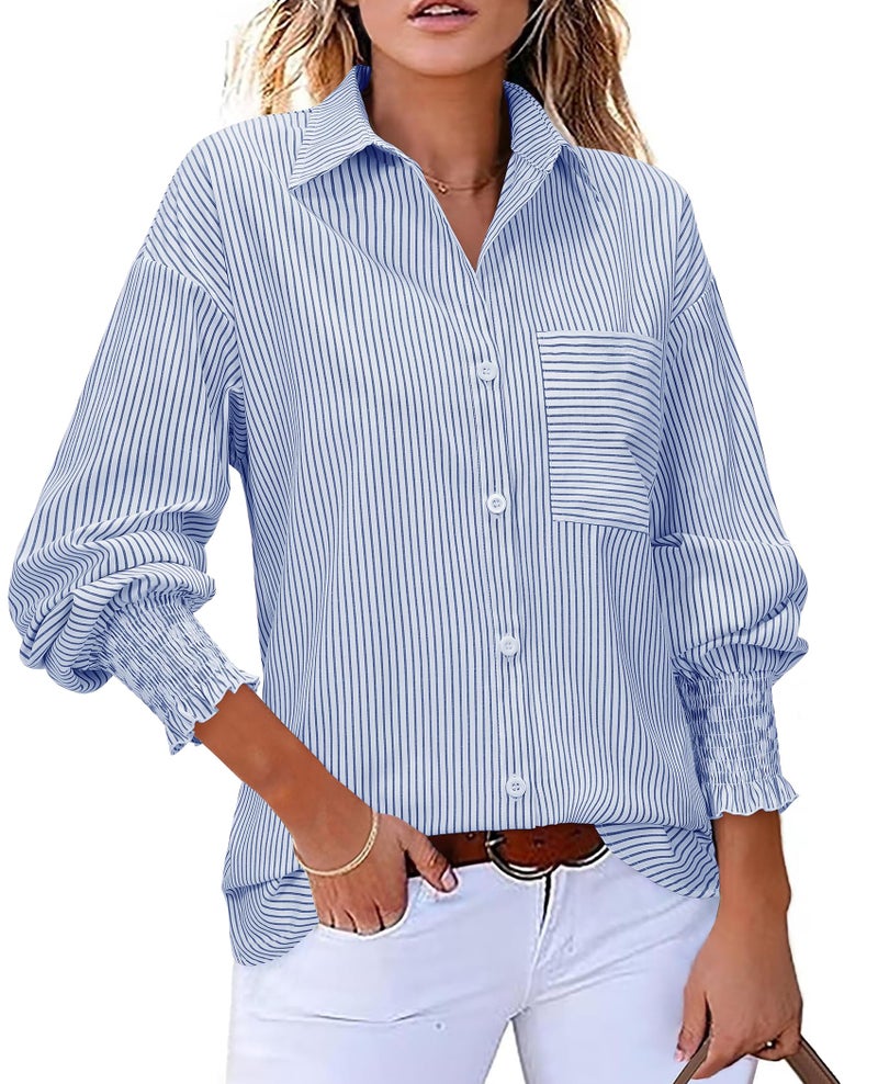 Gleeivy Striped Shirt Women Oversized Button Down Shirts for Women 2025 Fall Fashion Boyfriends Clothes with Pocket Smocked Tops Casual V Neck Collared Y2k Blouse Blue and White L - Image 1
