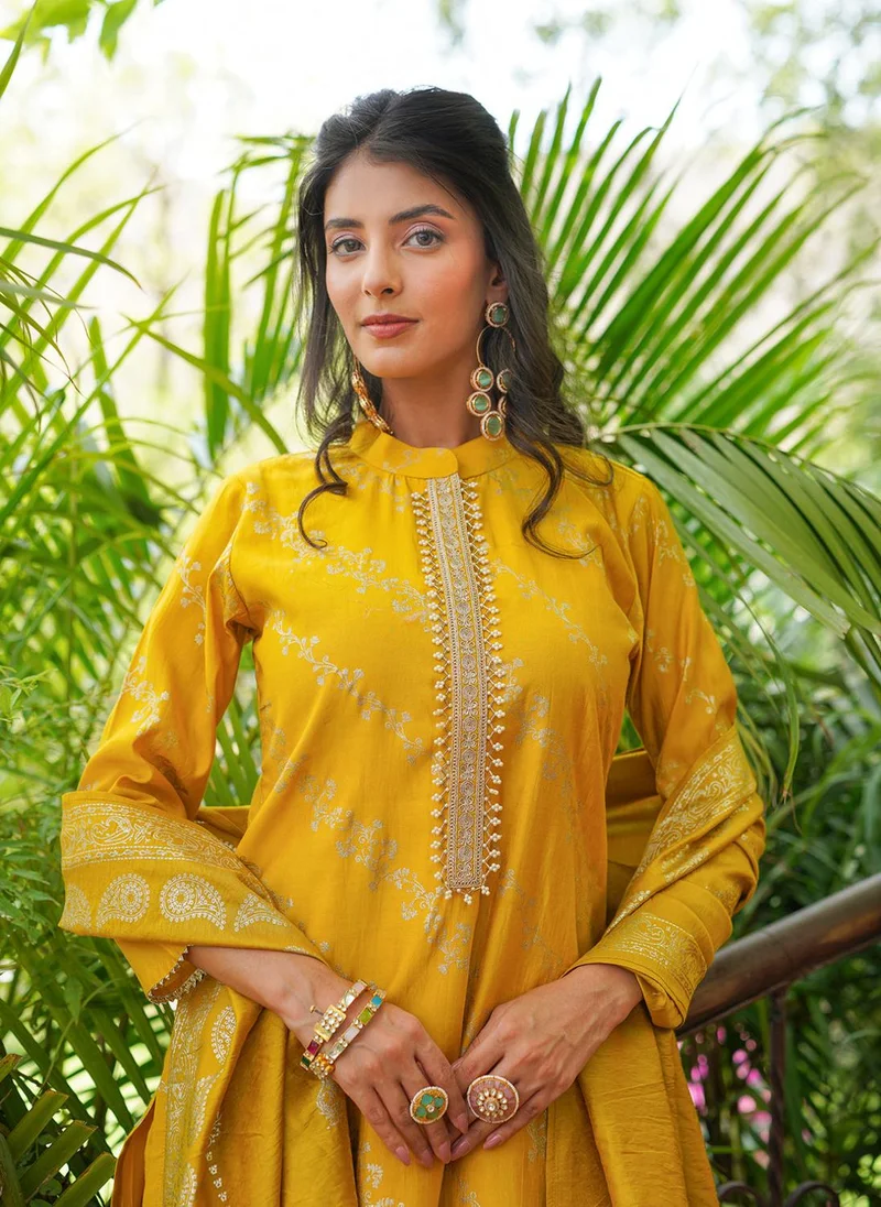 Yellow Silk Blend Floral Printed Straight Kurta Trousers With Dupatta
