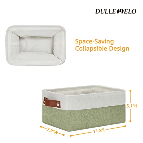 DULLEMELO Small Storage Basket, Fabric Collapsible Gift Storage Basket for Shelves, Closets, Nursery, Home, Office Organizing, Small Canvas Linen Rectangular Storage Bin with Handles (White&Green) - Image 2