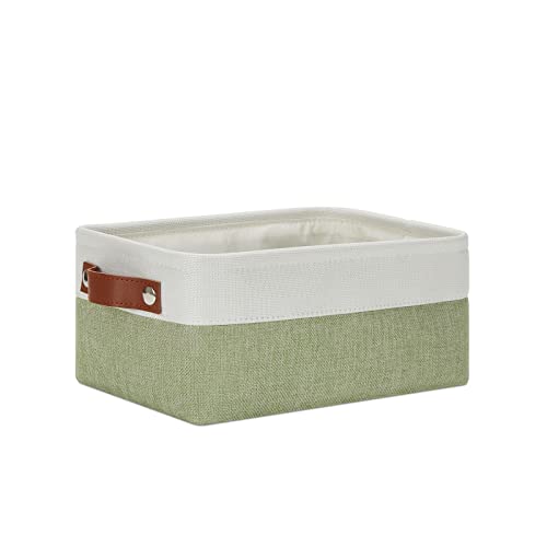 DULLEMELO Small Storage Basket, Fabric Collapsible Gift Storage Basket for Shelves, Closets, Nursery, Home, Office Organizing, Small Canvas Linen Rectangular Storage Bin with Handles (White&Green) - Image 1