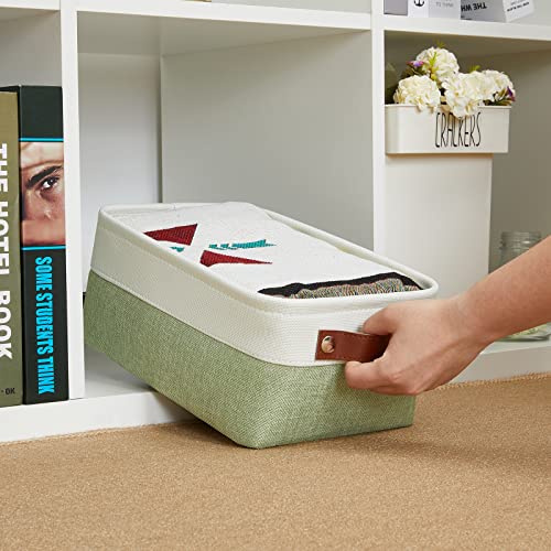 DULLEMELO Small Storage Basket, Fabric Collapsible Gift Storage Basket for Shelves, Closets, Nursery, Home, Office Organizing, Small Canvas Linen Rectangular Storage Bin with Handles (White&Green) - Image 4