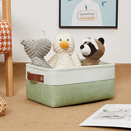 DULLEMELO Small Storage Basket, Fabric Collapsible Gift Storage Basket for Shelves, Closets, Nursery, Home, Office Organizing, Small Canvas Linen Rectangular Storage Bin with Handles (White&Green) - Image 5