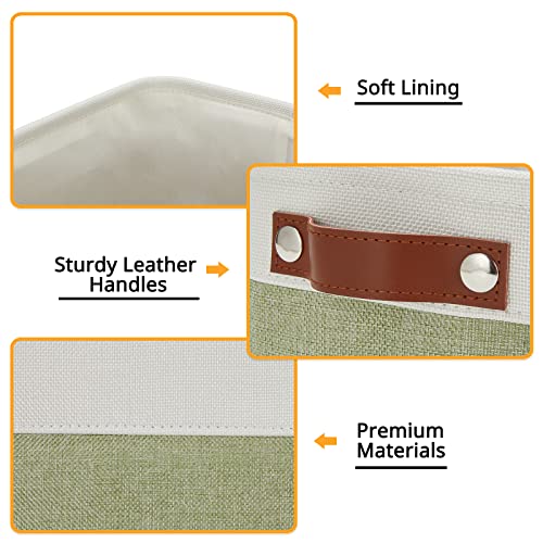 DULLEMELO Small Storage Basket, Fabric Collapsible Gift Storage Basket for Shelves, Closets, Nursery, Home, Office Organizing, Small Canvas Linen Rectangular Storage Bin with Handles (White&Green) - Image 3