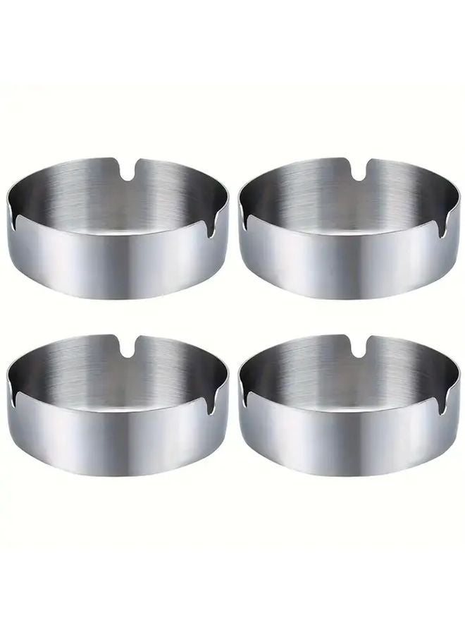 4 قطع من صحون السجائر المعدنية الفضية بتصميم دائري أنيق وسهل التنظيف للاستخدام الداخلي والخارجي - Image 5