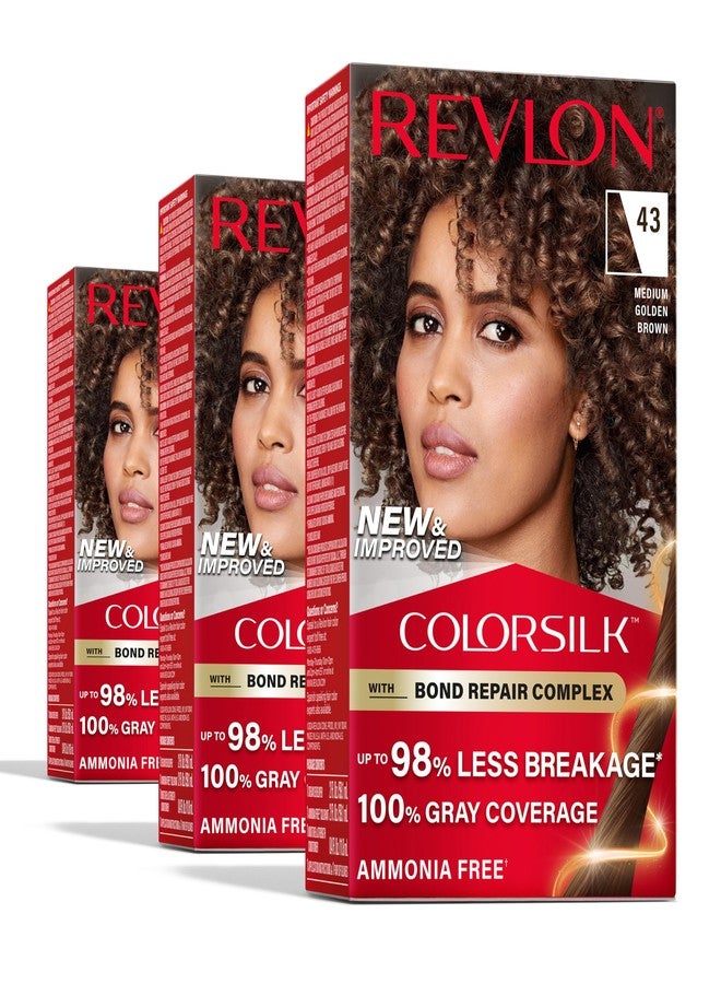 Revlon ريفلون كولور سيلك مع مركب إصلاح الروابط، لون شعر بني دائم، تغطية 100% للشيب، صبغة شعر خالية من الأمونيا، كيراتين نباتي، 43 بني ذهبي متوسط (عبوة من 3) - Image 1