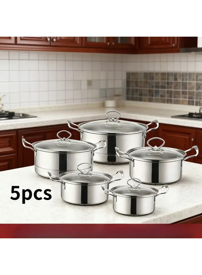 5pcs Stainless Steel Cookware Set Including 6 3 7 09 7 87 8 66 Inch Pots Silver Wire Handle Heavy Duty Induction Compatible For All Stoves With Tube Handle Commercial Use Durable Multi Pot Cookware - Image 1