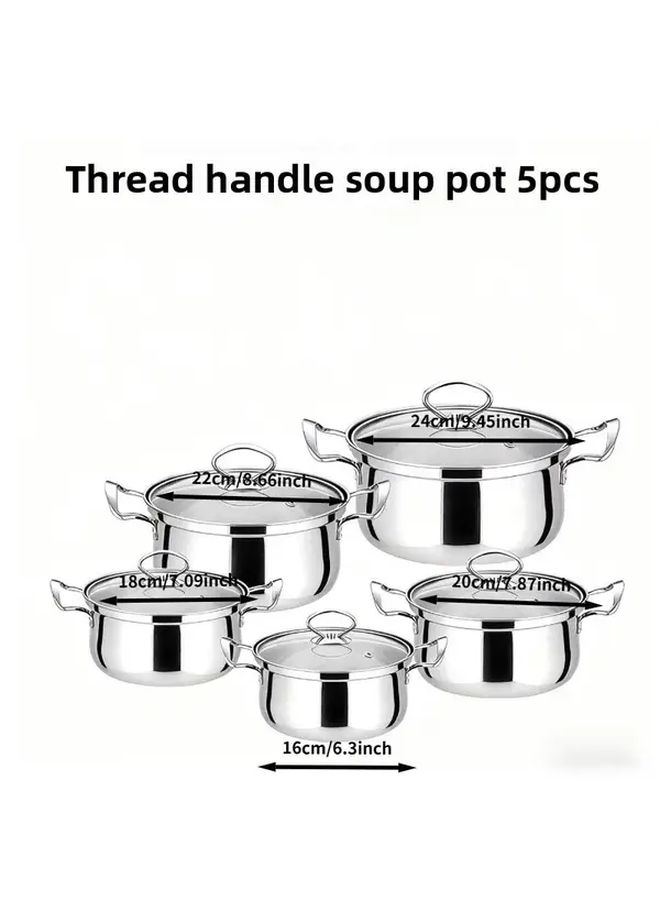 5pcs Stainless Steel Cookware Set Including 6 3 7 09 7 87 8 66 Inch Pots Silver Wire Handle Heavy Duty Induction Compatible For All Stoves With Tube Handle Commercial Use Durable Multi Pot Cookware - Image 5