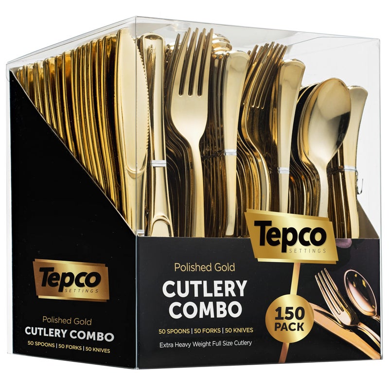 Tepco Settings 150 Gold Plastic Silverware Set - Disposable Flatware - 50 Forks  50 Spoons  50 Knives - Heavy Duty Cutlery for Party Bulk - Image 1