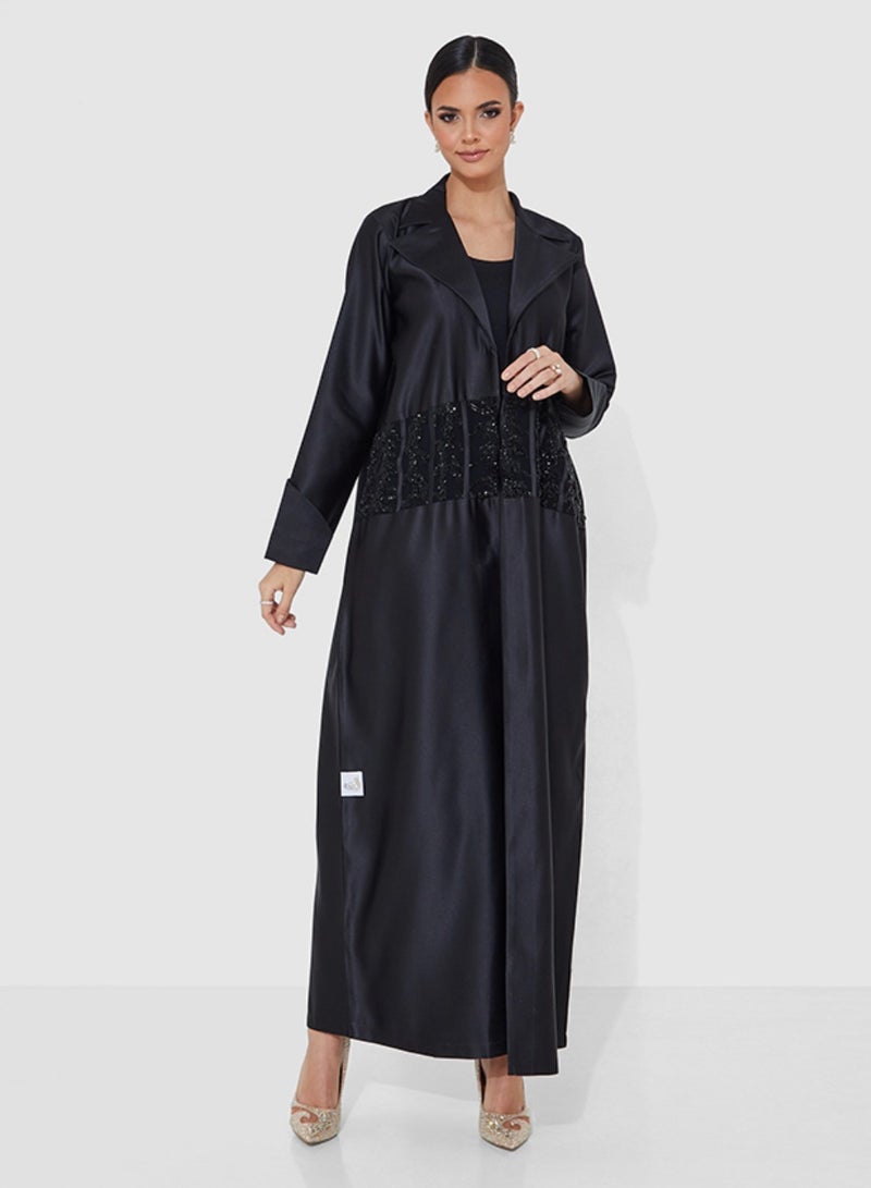 Rosette Abaya Black Blazer-Cut abaya embroidered with stones at the waist  - Image 1