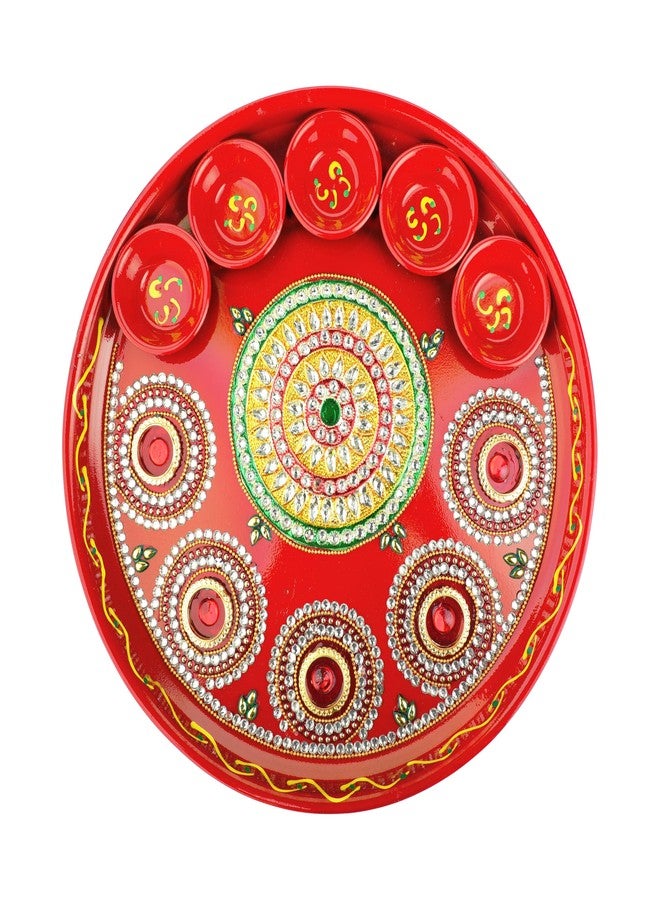 أديتري_كرييشن صينية بوجا مزخرفة مع أوعية وصحن ديا، صينية بوجا فولاذية مزخرفة مع أدوات بوجا أساسية لطقوس آرتي بوجا، زينة مهرجان ديوالي الهندي التقليدي (الحجم: 10 بوصات) (أحمر) - Image 2