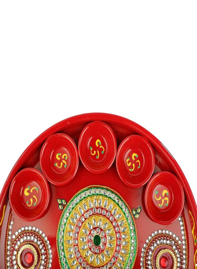 أديتري_كرييشن صينية بوجا مزخرفة مع أوعية وصحن ديا، صينية بوجا فولاذية مزخرفة مع أدوات بوجا أساسية لطقوس آرتي بوجا، زينة مهرجان ديوالي الهندي التقليدي (الحجم: 10 بوصات) (أحمر) - Image 3