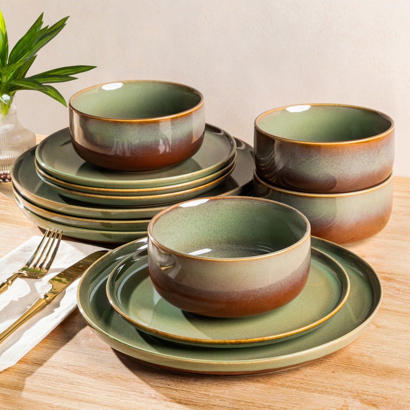 TheTerra Ceramic Dinnerware Sets for 4, 12 Pieces Handmade Reactive Glaze Plates and Bowls Set, Scratch Resistant Dish Set, Oven & Microwave & Dishwasher Safe, Sage Umber - Image 1