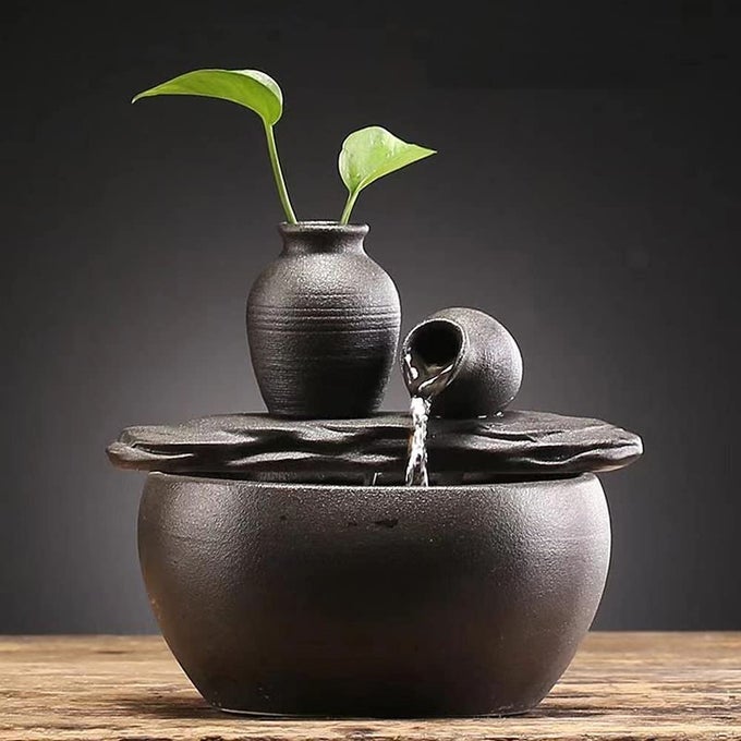 CERAMIC TABLETOP FOUNTAIN FOR INDOOR AND HOME DECORATION TABLE DESK OFFICE PATIO CERAMIC POT FOUNTAIN BLACK