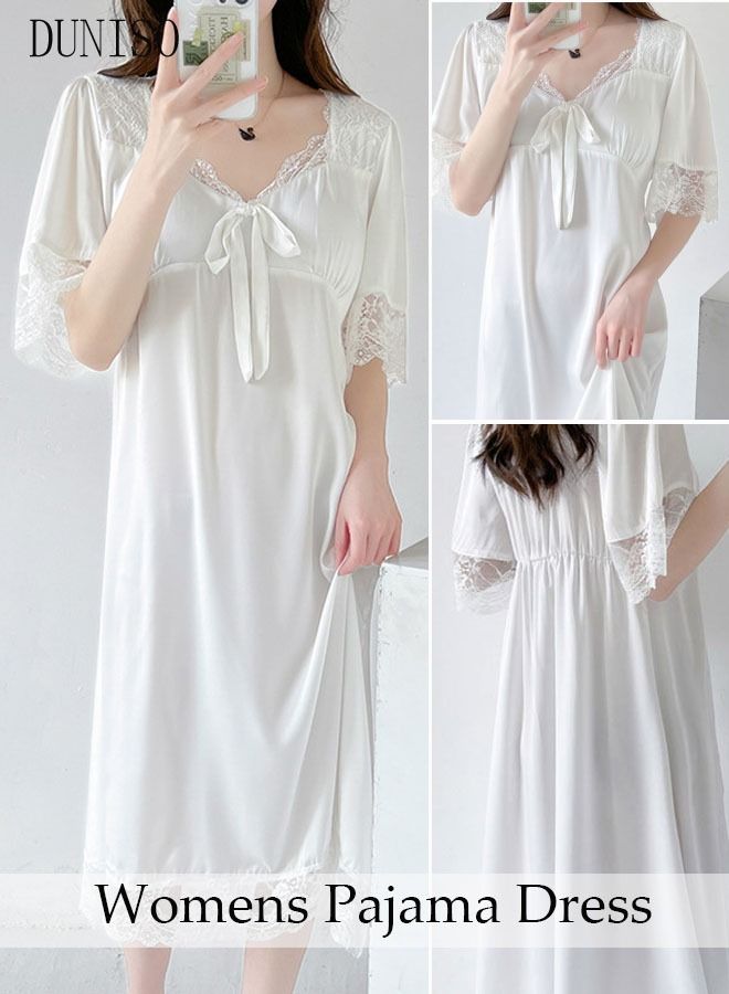 DUNISO Women's Lace Short Sleeve Nightgown Sweet Silk Pajama Dress Sleepwear Girls Comfortable V Neck Nightwear Summer Home Wear  Lounge Dress - Image 1