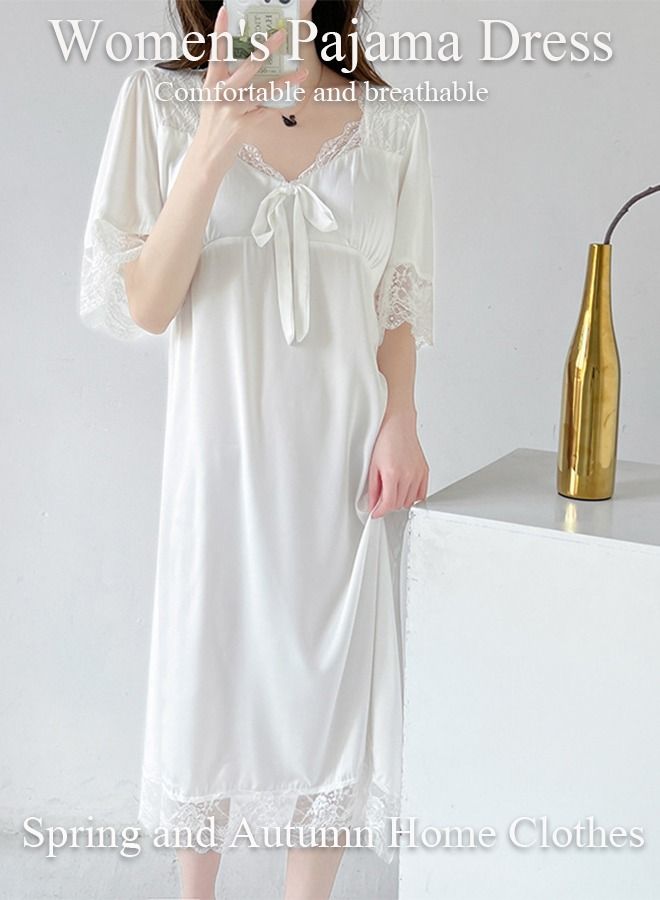 DUNISO Women's Lace Short Sleeve Nightgown Sweet Silk Pajama Dress Sleepwear Girls Comfortable V Neck Nightwear Summer Home Wear  Lounge Dress - Image 2