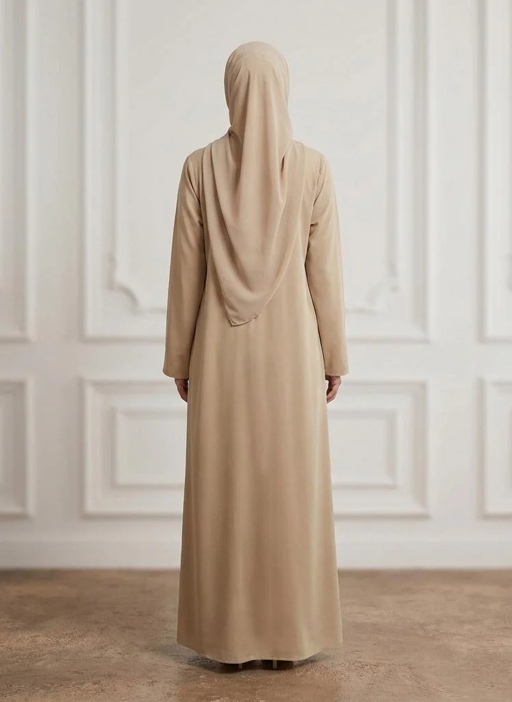 Nukhbaa  Sand Beige Front Zip Nida Abaya with Inside Belt & Pockets-960 for Women | Best Price UAE