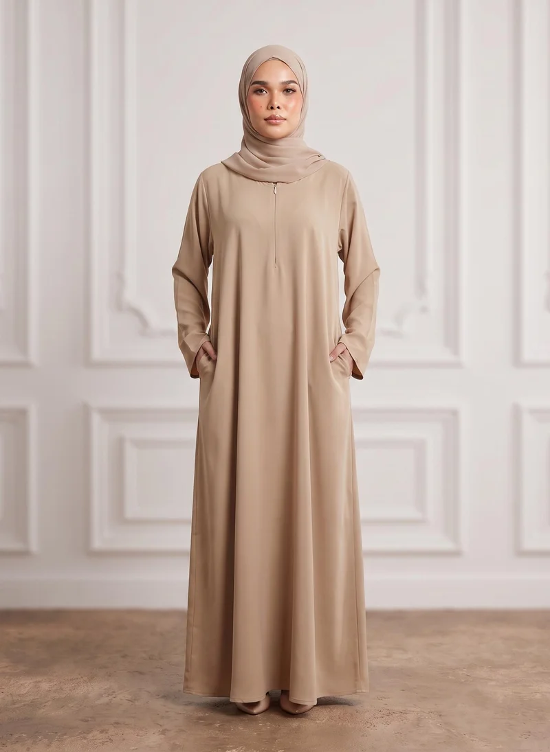 نخبة Sand Beige Front Zip Nida Abaya with Inside Belt & Pockets-960