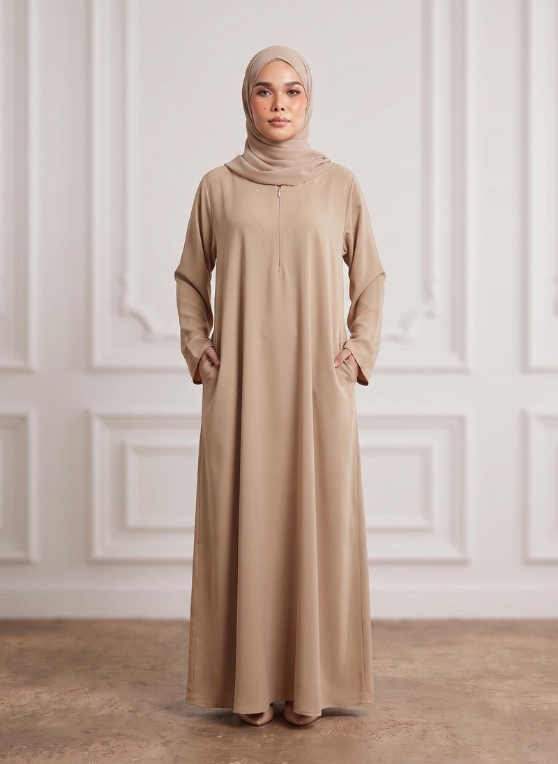 NUKHBAA Sand Beige Front Zip Nida Abaya with Inside Belt & Pockets-960 - Image 1