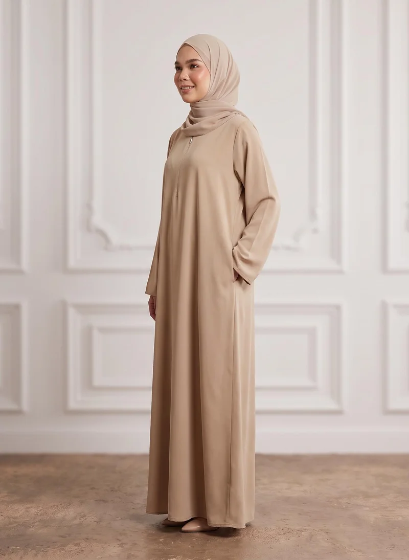 Nukhbaa  Sand Beige Front Zip Nida Abaya with Inside Belt & Pockets-960 for Women | Best Price UAE