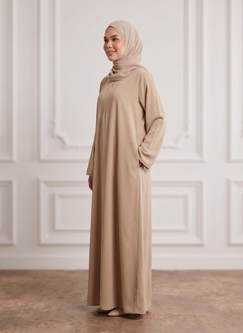 NUKHBAA Sand Beige Front Zip Nida Abaya with Inside Belt & Pockets-960 - Image 3