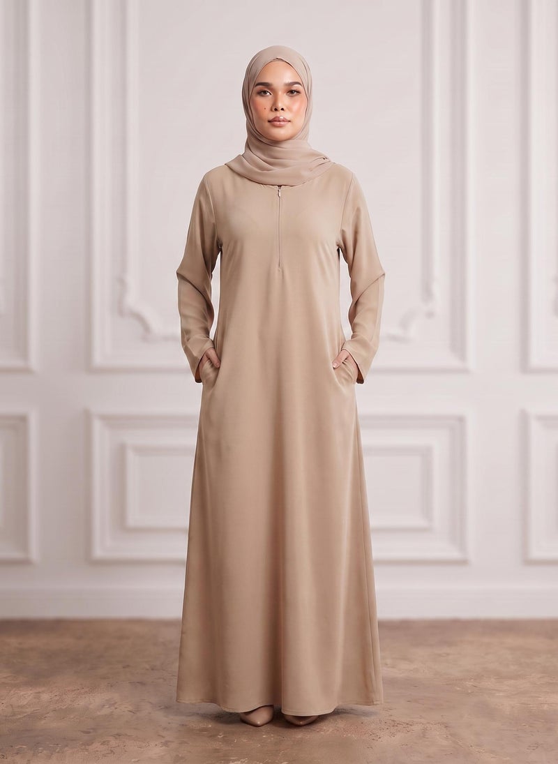 NUKHBAA Sand Beige Front Zip Nida Abaya with Inside Belt & Pockets-960 - Image 2