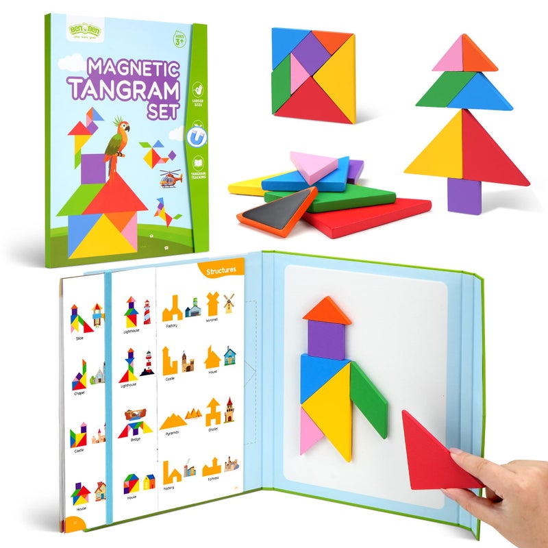 BenBen Travel Tangram Puzzle with Magnetic Wooden Shapes, Extra Large Dual-Sided Magnet Surface, Color Pattern IQ Book, Road Trip Car Plane Game, Educational STEM Travel Toys for Kids Adults - Image 1