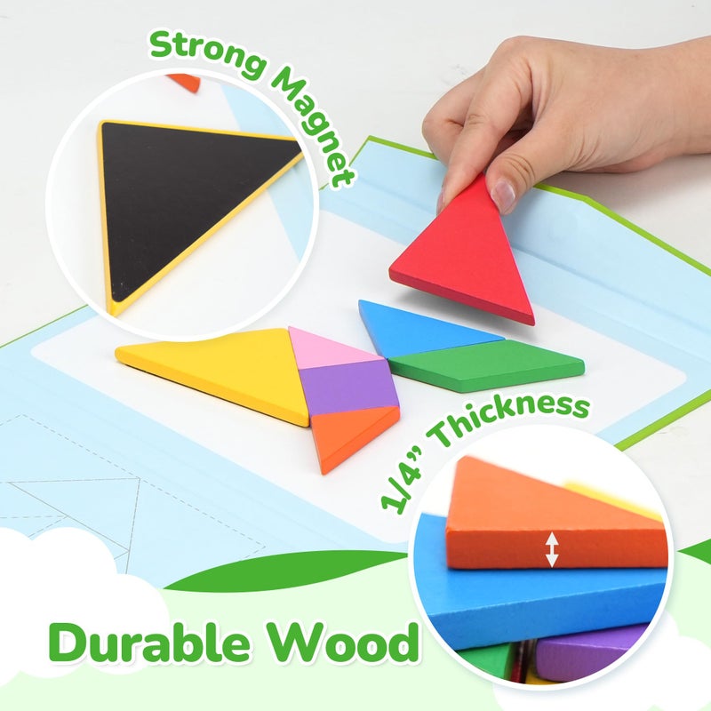 BenBen Travel Tangram Puzzle with Magnetic Wooden Shapes, Extra Large Dual-Sided Magnet Surface, Color Pattern IQ Book, Road Trip Car Plane Game, Educational STEM Travel Toys for Kids Adults - Image 4