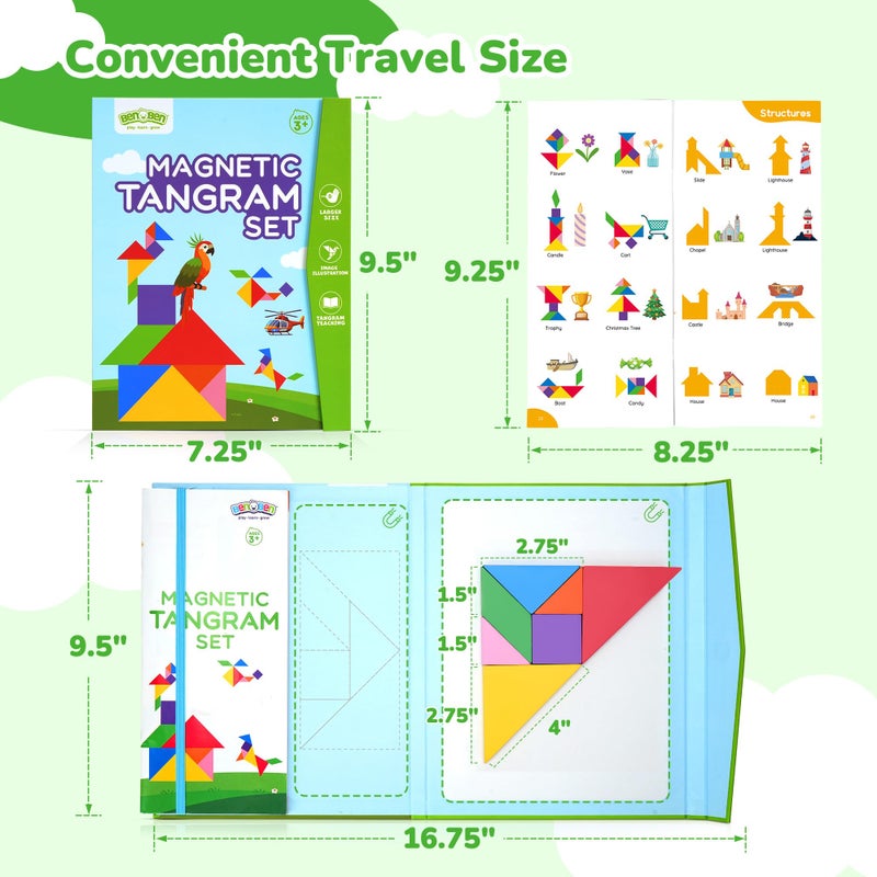 BenBen Travel Tangram Puzzle with Magnetic Wooden Shapes, Extra Large Dual-Sided Magnet Surface, Color Pattern IQ Book, Road Trip Car Plane Game, Educational STEM Travel Toys for Kids Adults - Image 3