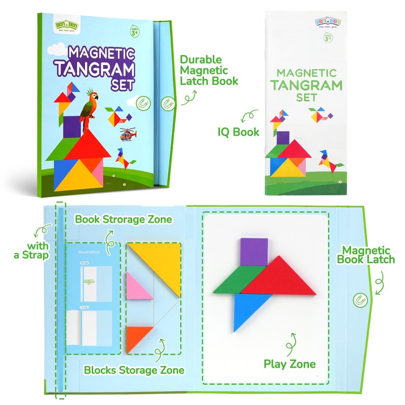 BenBen Travel Tangram Puzzle with Magnetic Wooden Shapes, Extra Large Dual-Sided Magnet Surface, Color Pattern IQ Book, Road Trip Car Plane Game, Educational STEM Travel Toys for Kids Adults - Image 2