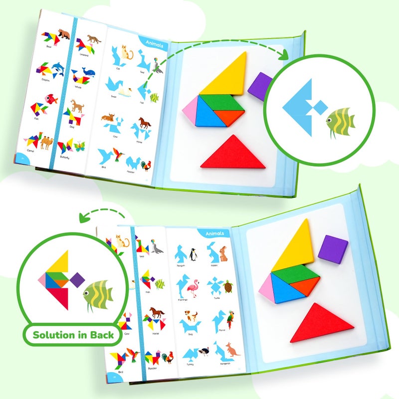 BenBen Travel Tangram Puzzle with Magnetic Wooden Shapes, Extra Large Dual-Sided Magnet Surface, Color Pattern IQ Book, Road Trip Car Plane Game, Educational STEM Travel Toys for Kids Adults - Image 5