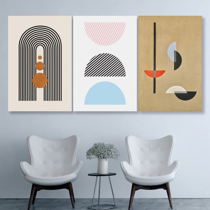 ماركتنا ثلاث لوحات قماشية بتصميم رسم هندسي مع برواز مجوف مقاس (90×40) ثلاث قطع - Image 1