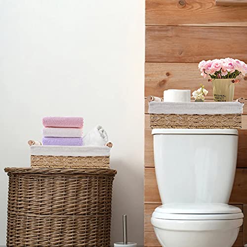 DUO ER DUOER Round Paper Rope Storage Basket, Wicker Baskets for Organizing with Handle, Decorative Bins for Countertop, Toilet Paper Basket for Toilet Tank Top, Small Baskets Set (Set of 2,Beige) - Image 3