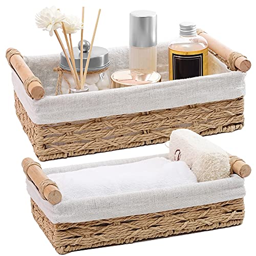 DUO ER DUOER Round Paper Rope Storage Basket, Wicker Baskets for Organizing with Handle, Decorative Bins for Countertop, Toilet Paper Basket for Toilet Tank Top, Small Baskets Set (Set of 2,Beige) - Image 1