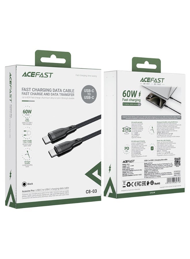 ACEFAST Charging Data Cable C8-03 USB-C to USB-C, 60W PD High-Speed Charging, 1.2m Durable Nylon Braided Cable - Black - Image 5