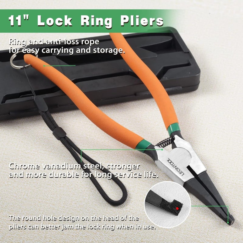 LEONTOOL 11-Inch Lock Ring Pliers Flat Snap Ring Pliers with Ring and Anti-loss Rope Special Circlip Pliers Reverse Pliers Retaining Ring Pliers Spreader Pliers for Transmission Transfer Cases - Image 2