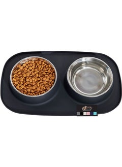 Gorilla Grip Slip Resistant Pet Bowls and Silicone Feeding Mat Set, Catch Water and Food Mess, Raised Edges for No Spills, Stainless Steel Cat and Dog Dish Bowl for Small and Large Pets, 2 Cups, Black  - Image 1