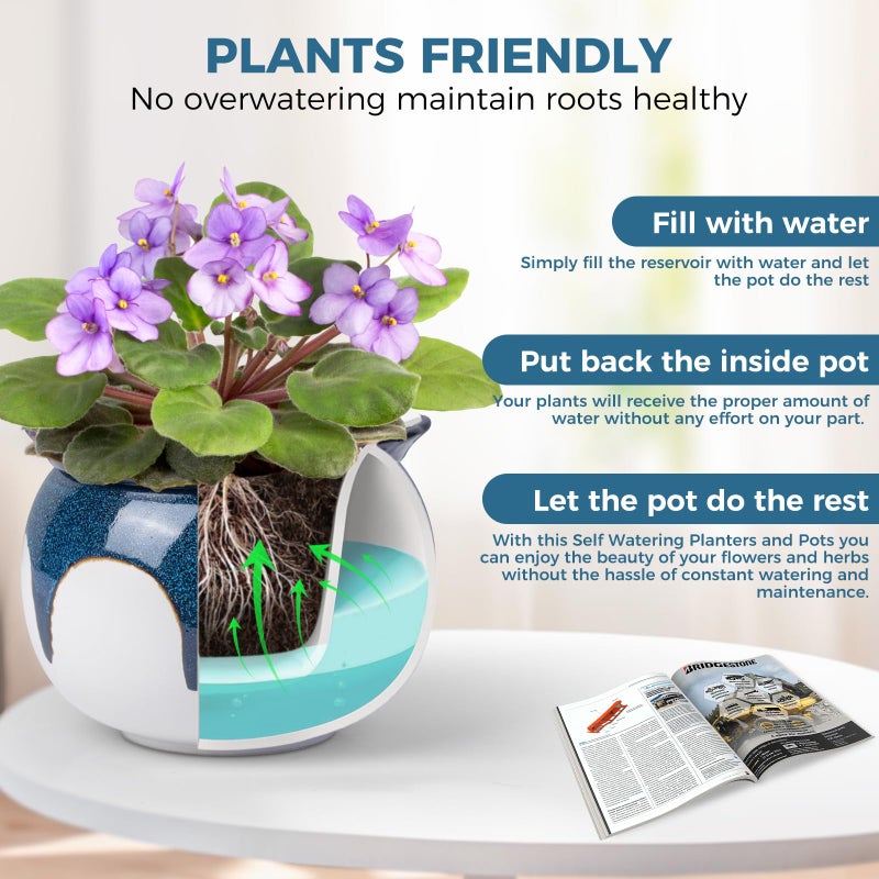 BUYMAX African Violet Pots, 6 inch Ceramic Easy Self Watering Plant Pot for Busy Plant Lovers, Automatically Absorb Appropriate Amount of Water, Flower Pot Indoor-Plants Not Included(Blue) - Image 2