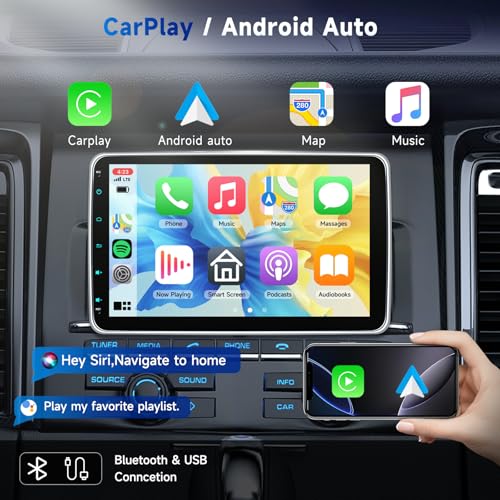VECHTEL 10.1'' Single Din Car Stereo with Wireless Carplay Android Auto, Touchscreen Car Radio with Handsfree Bluetooth 5.2 Mirror Link FM EQ SWC, Type-C, USB, Backup Camera - Image 2