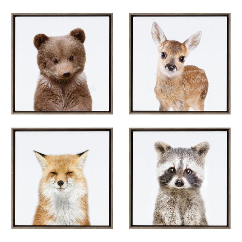 Kate and Laurel Kate and Laurel Sylvie Woodland Animals Collection Framed Canvas Wall Art by Amy Peterson Art Studio Set of 4 13x13 Gray Decorative Animal Art for Wall 